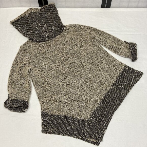 SJS Boucle Knit Cowl Neck Asymmetrical Sweater L Black Tan Roll Sleeve Cozy Chic - Picture 8 of 12